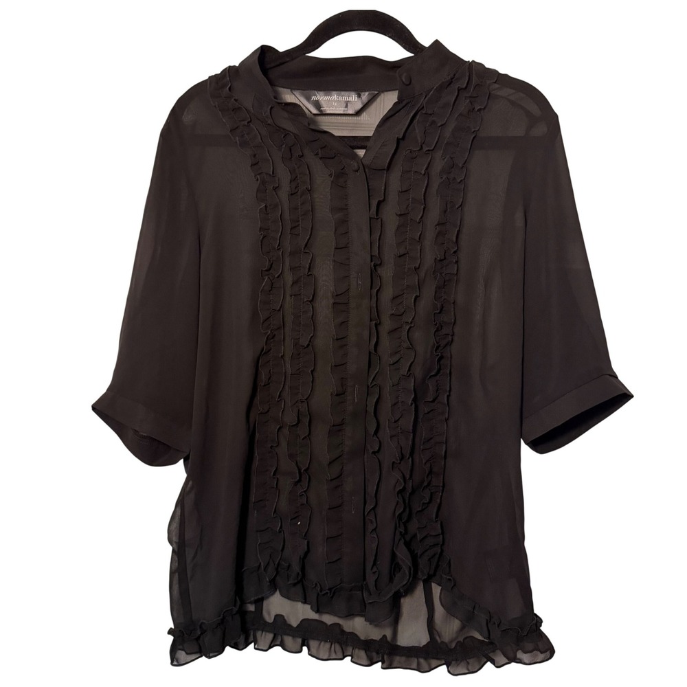 Norma Kamali Ruffle Blouse Black Large Sheer Victorian Gothic Work Office